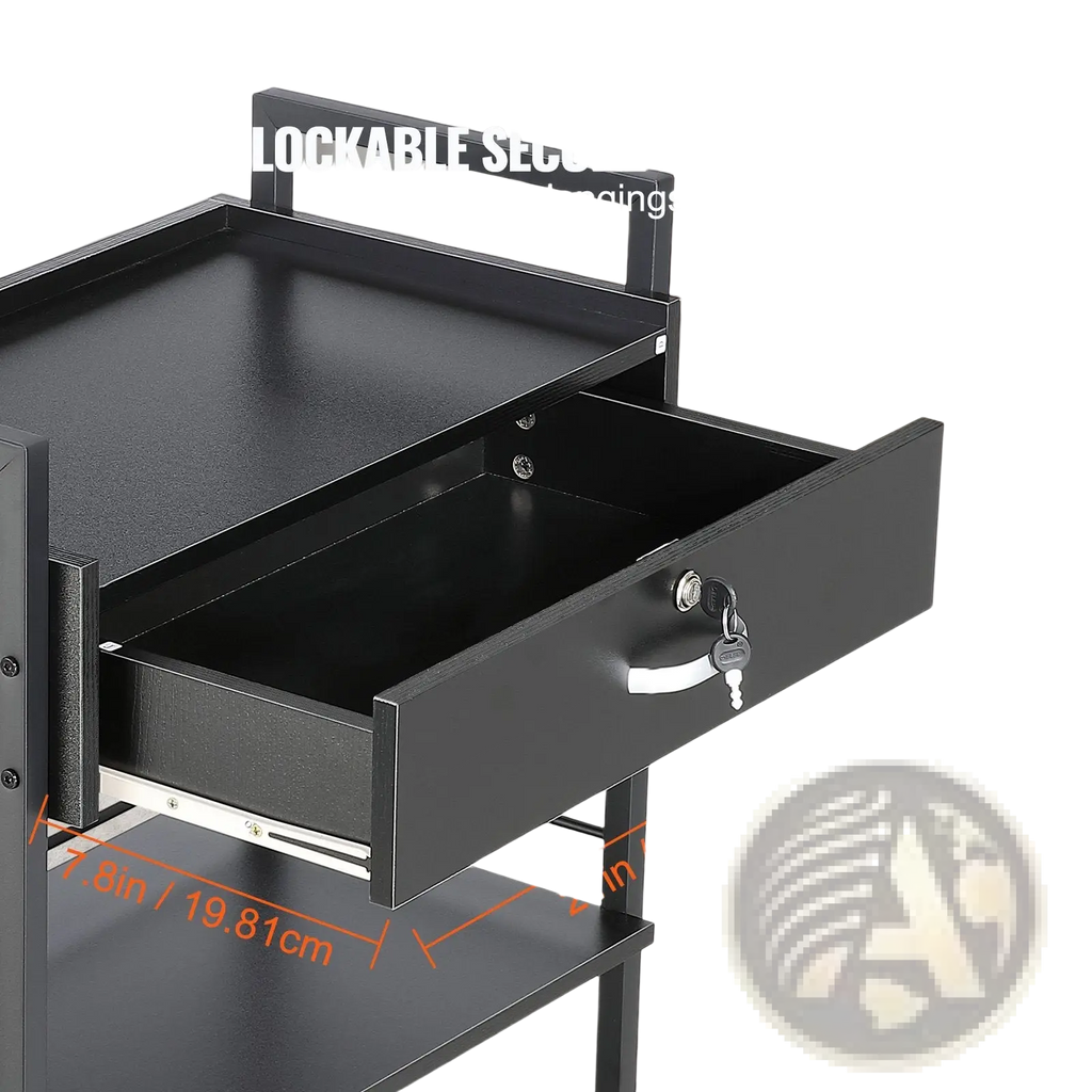 Black metal 3 tier salon trolley with lockable secure drawer white handle key and wheels for easy mobility