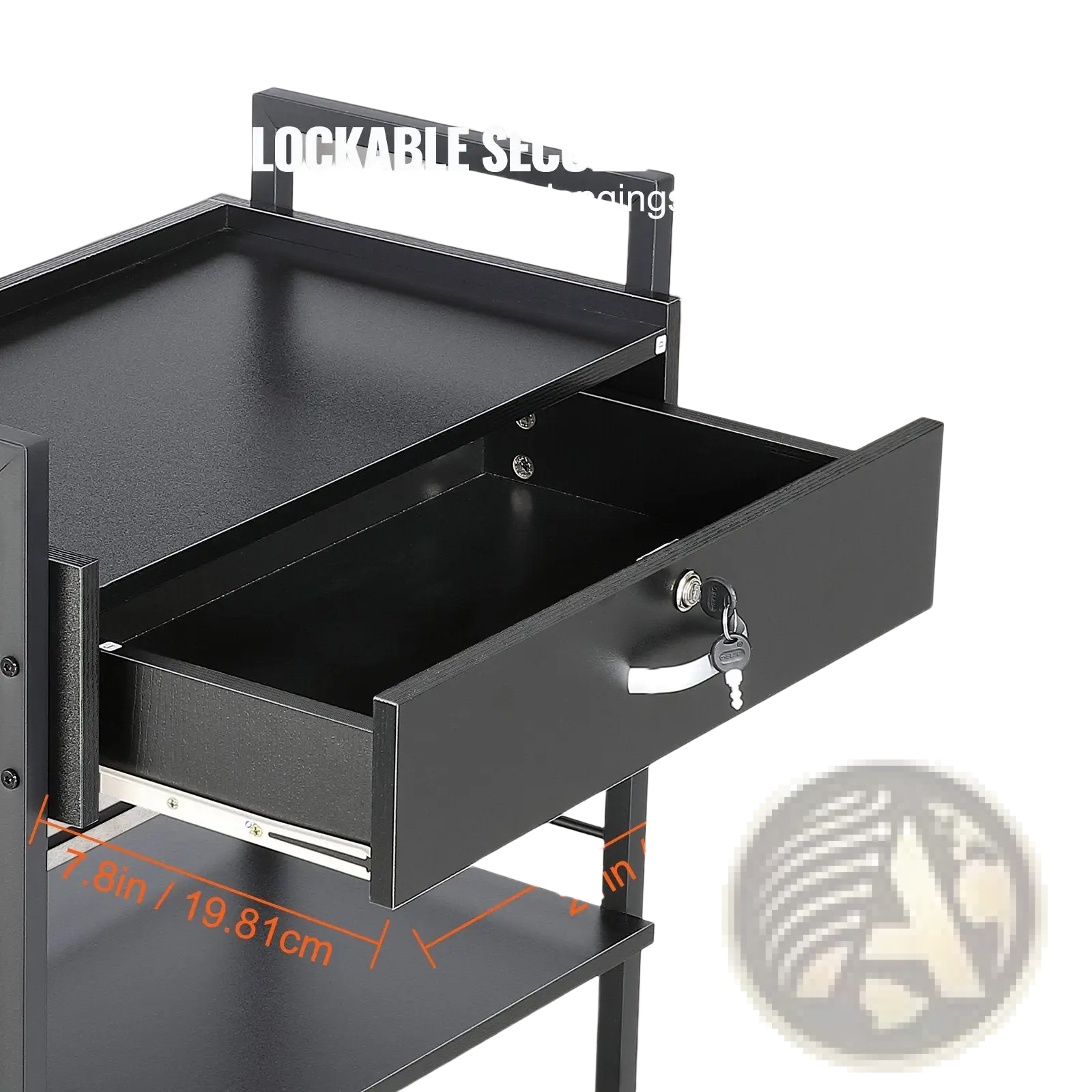 Black metal 3 tier salon trolley with lockable secure drawer white handle key and wheels for easy mobility