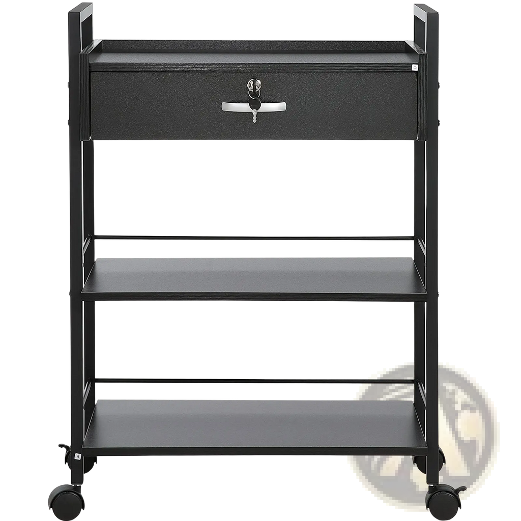 Black metal 3 tier salon trolley with three shelves, lockable drawer, silver hardware, and wheels for mobility