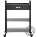 Black metal 3 tier salon trolley with three shelves, lockable drawer, silver hardware, and wheels for mobility