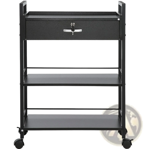 Black metal 3 tier salon trolley with three shelves, lockable drawer, silver hardware, and wheels for mobility