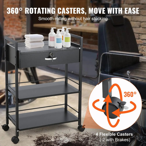 Black metal salon trolley with three shelves lockable drawer and four 360 degree rotating casters for mobility