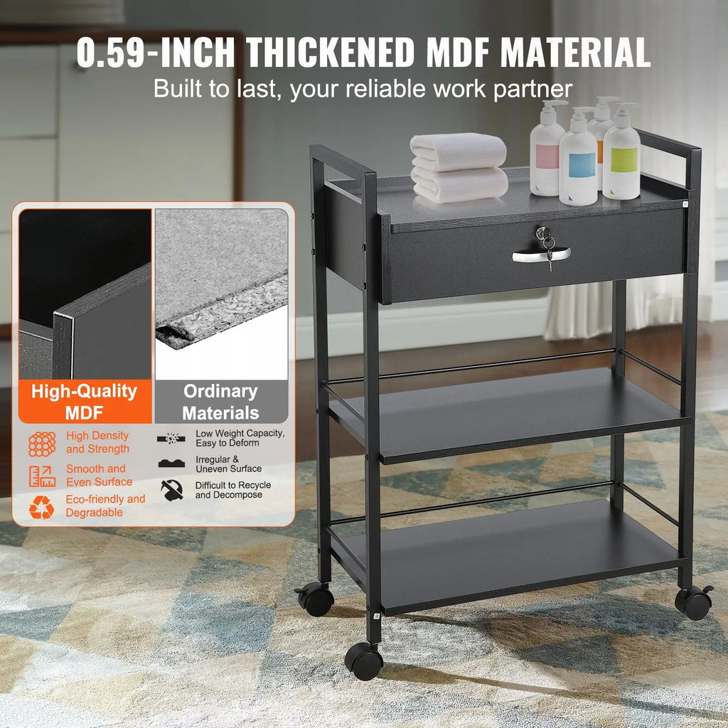 Black mdf 3 tier salon trolley with lockable drawer three shelves and four caster wheels for easy mobility