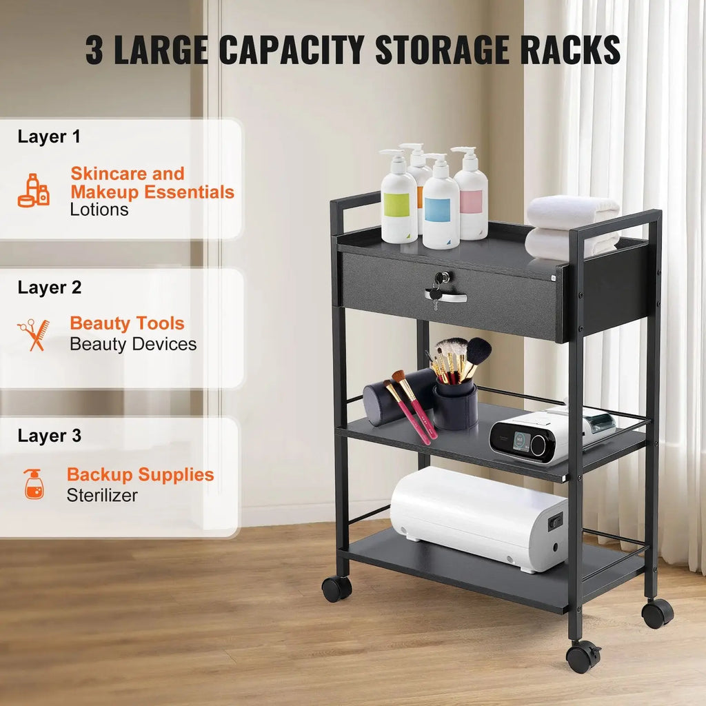 Black three-tier salon trolley with lockable drawer and wheels for organized beauty supply storage