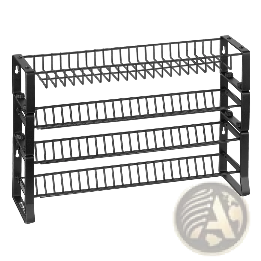 Black metal 4-tier shoe rack with adjustable side brackets designed for organized shoe storage
