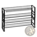 Black metal 4-tier shoe rack with adjustable side brackets designed for organized shoe storage
