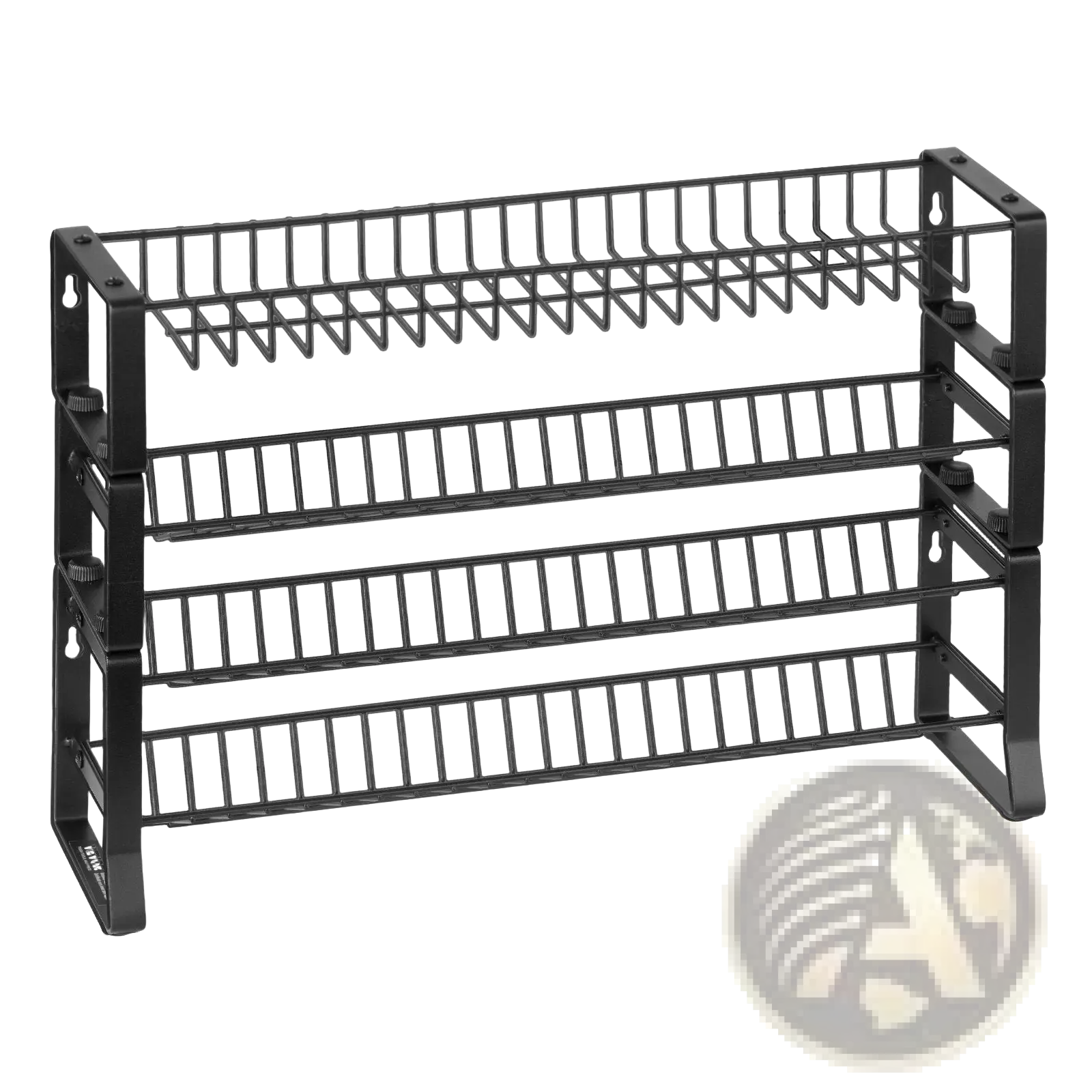 Black metal 4-tier shoe rack with adjustable side brackets designed for organized shoe storage