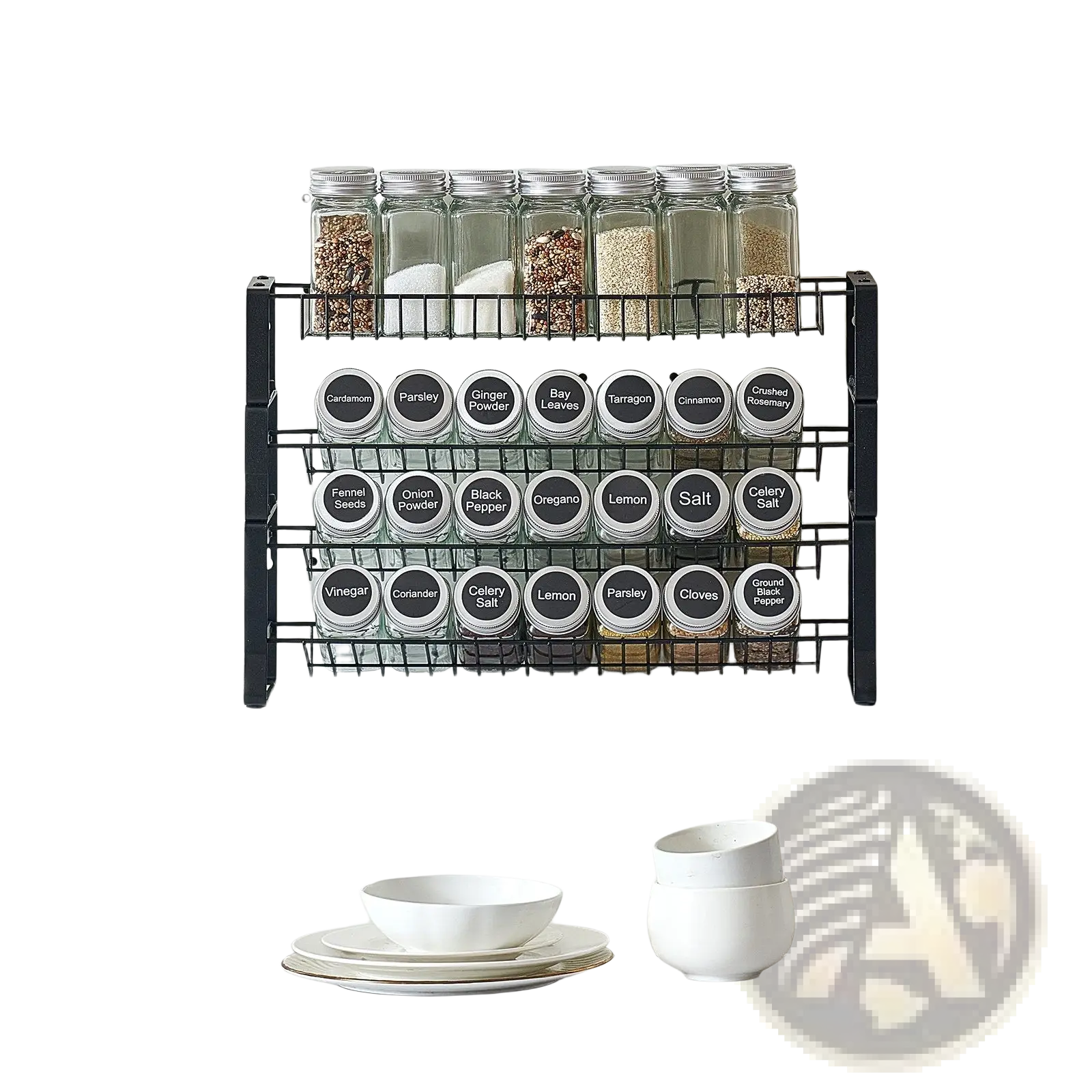 Black metal 3-tier spice rack organizer with labeled glass jars for kitchen spice storage and organization