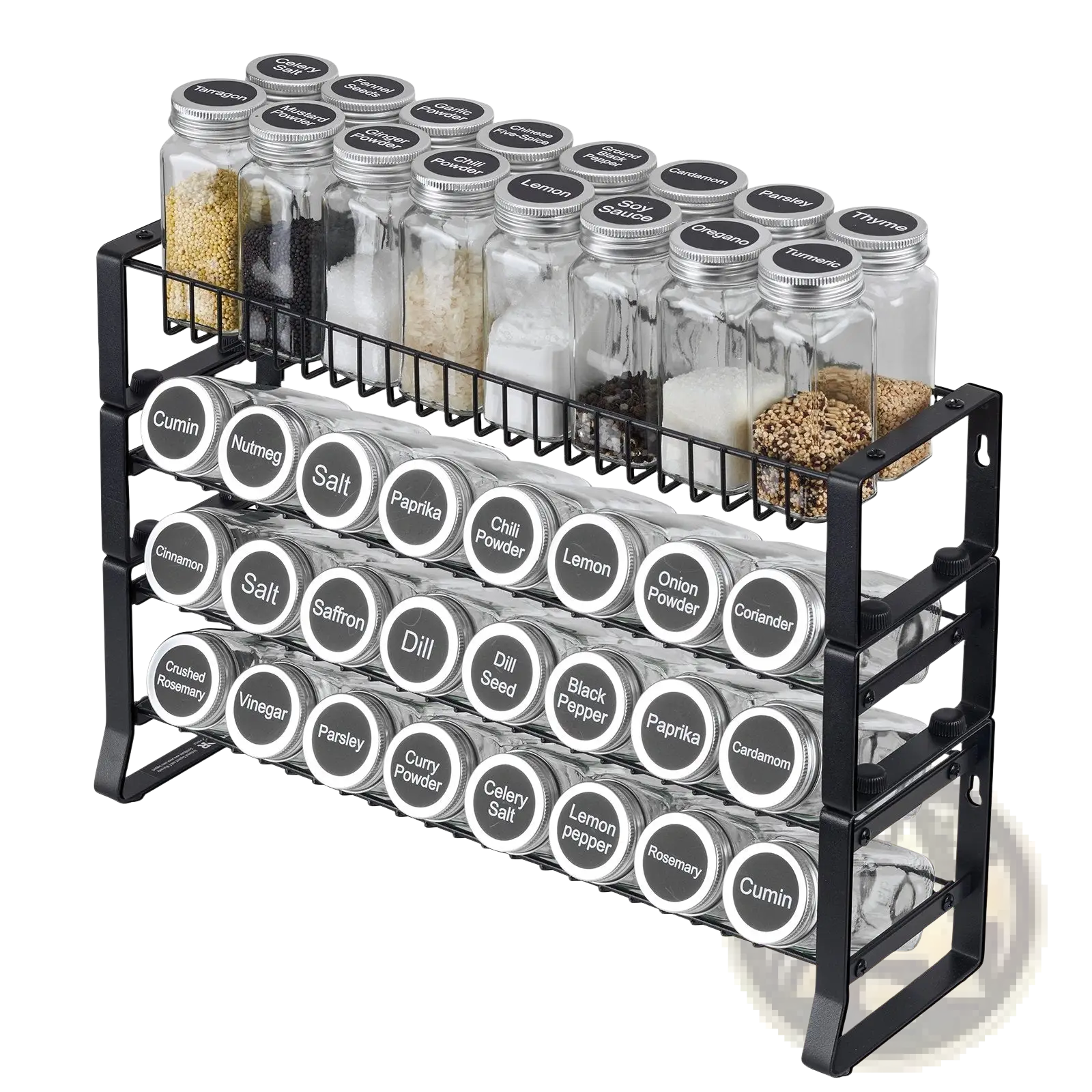 Black metal 3-tier spice rack organizer holding clear glass jars with silver lids and labeled labels for kitchens