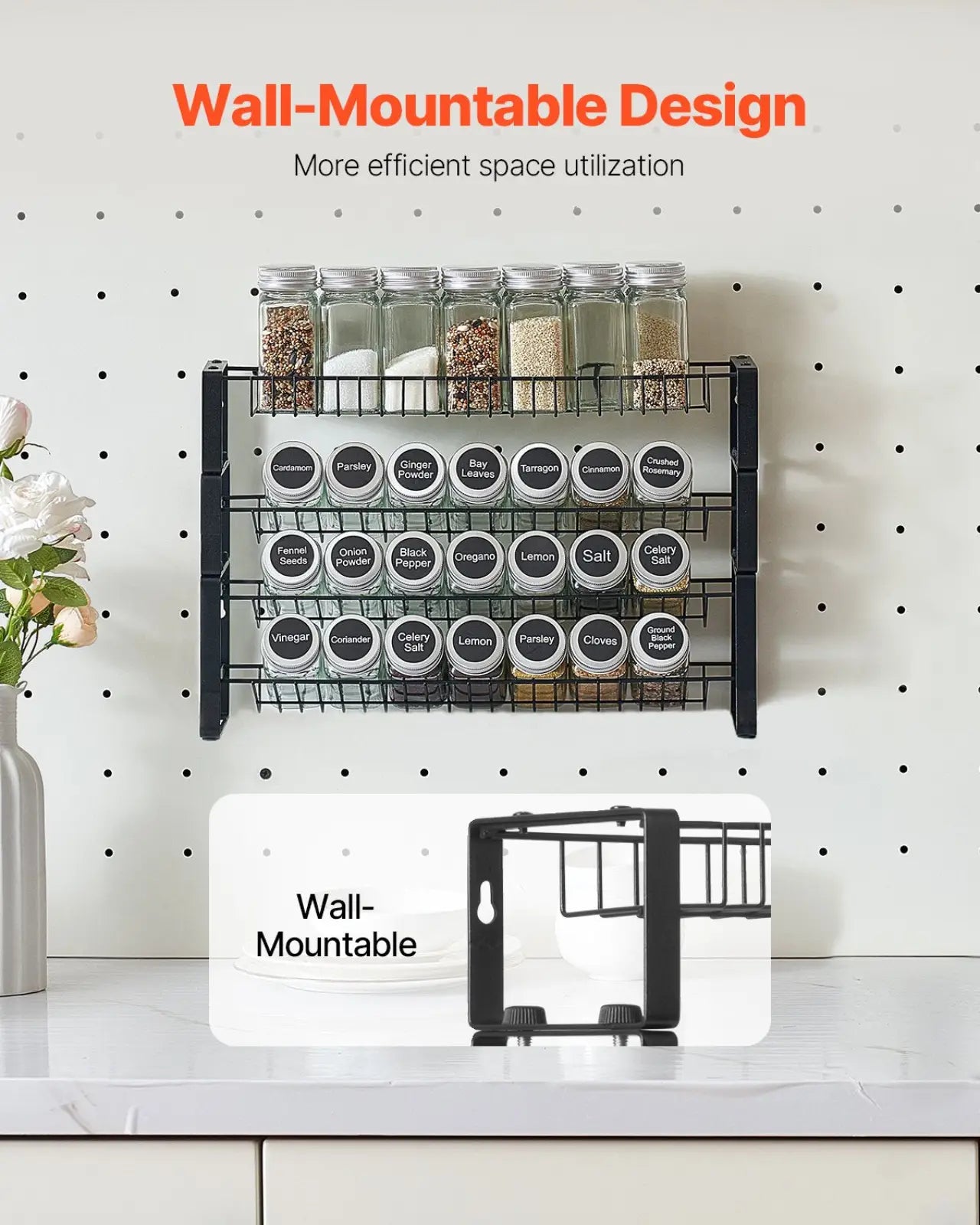 Black metal wall-mounted 3 tier spice rack organizer with clear glass jars and white circular labels for kitchens