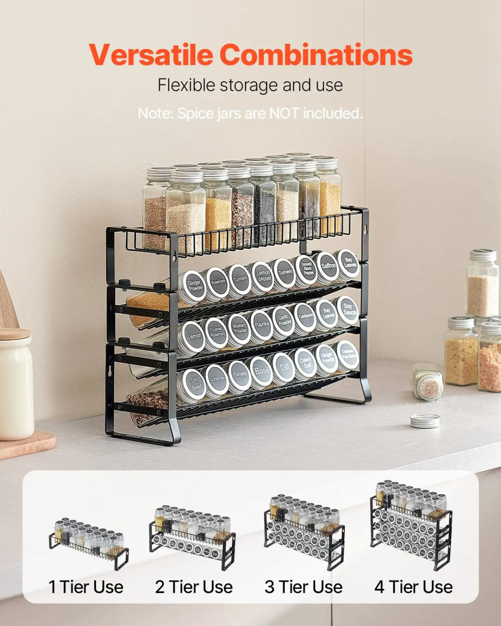 Black metal 3-tier spice rack organizer with labeled glass jars for kitchen countertop storage and display