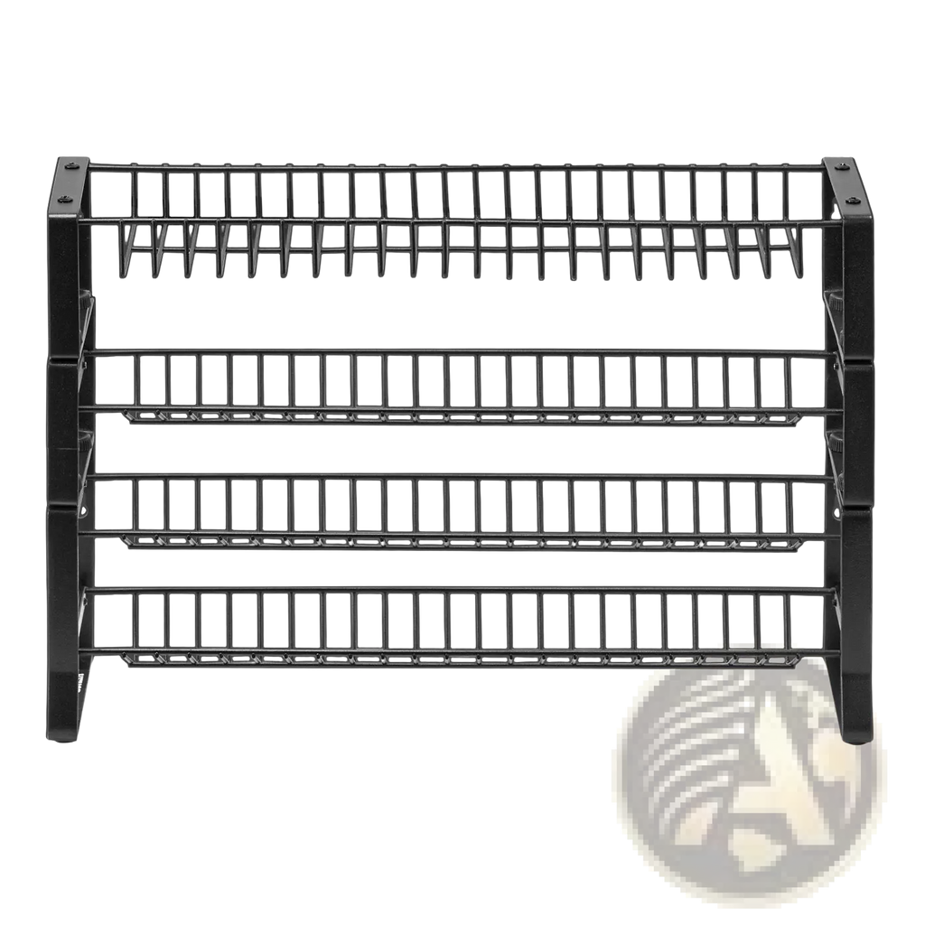 Black plastic multi-tier shoe rack with four horizontal wire shelves shown from the back side for kitchen use