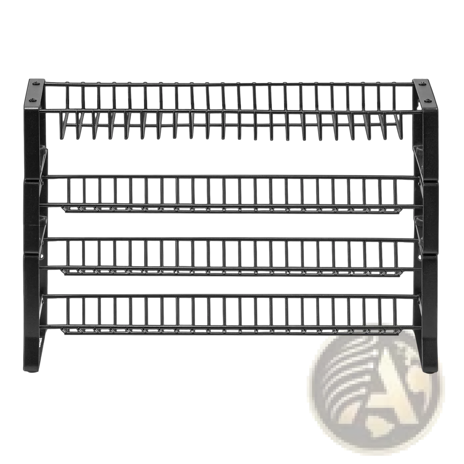 Black plastic multi-tier shoe rack with four horizontal wire shelves shown from the back side for kitchen use
