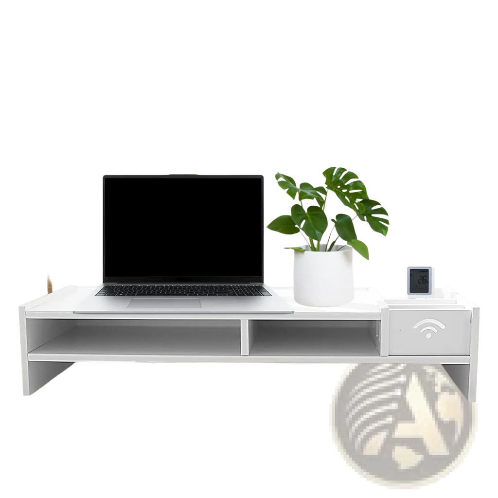 White 3-tier monitor riser and desk organizer shelf with drawer, wi-fi symbol, and open shelves for workspace organization