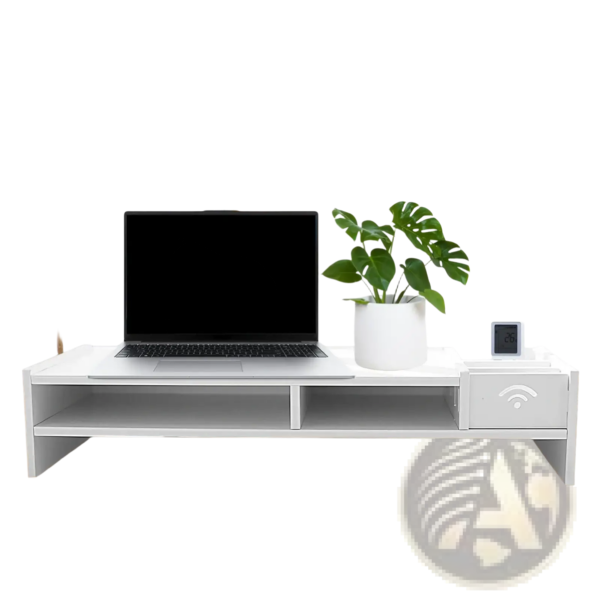 White 3-tier monitor riser and desk organizer shelf with drawer, wi-fi symbol, and open shelves for workspace organization