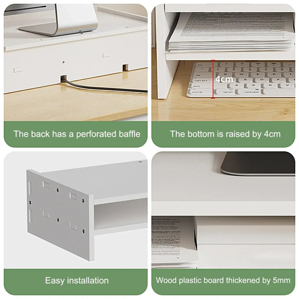 White 3-tier monitor riser and desk organizer shelf made of 5mm wood plastic board with perforated baffle and raised bottom viewed from back