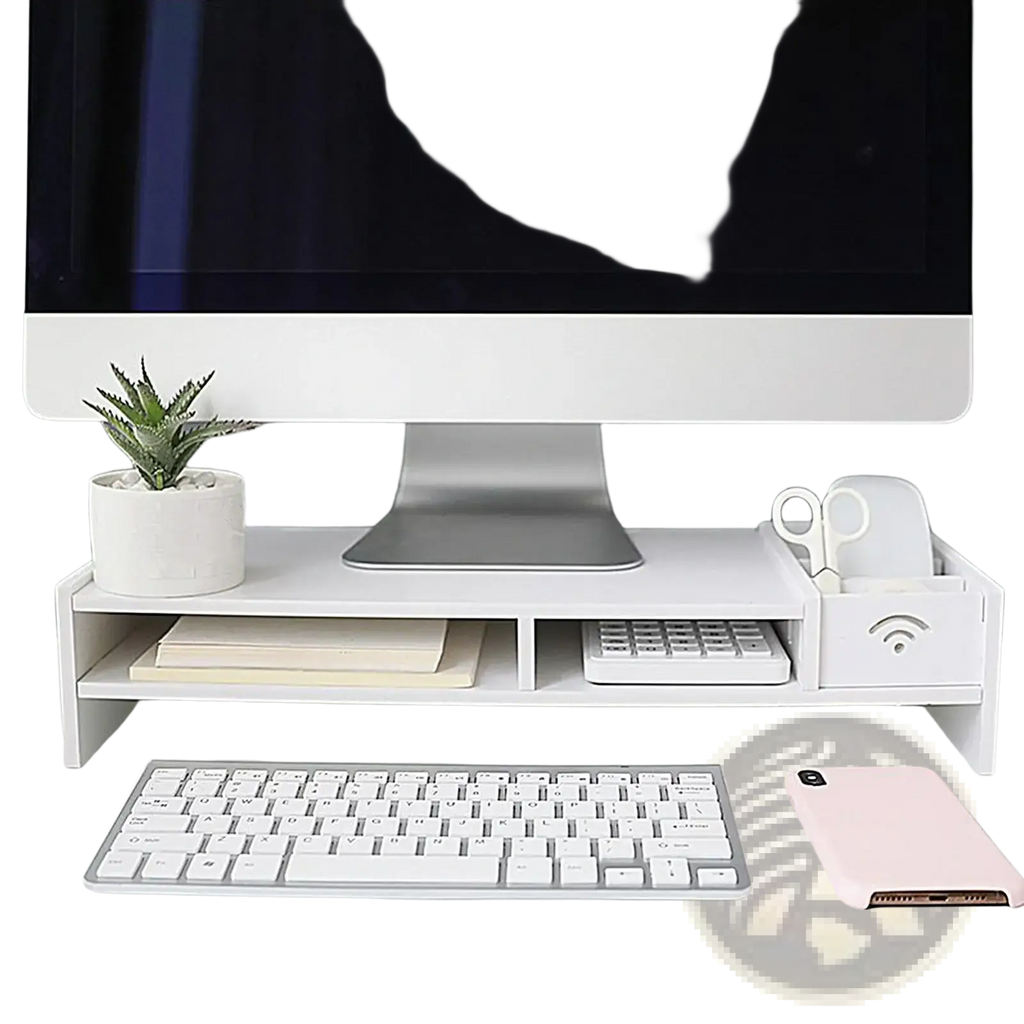 White plastic 3-tier monitor riser and desk organizer shelf with built-in keyboard tray and wireless signal cutout