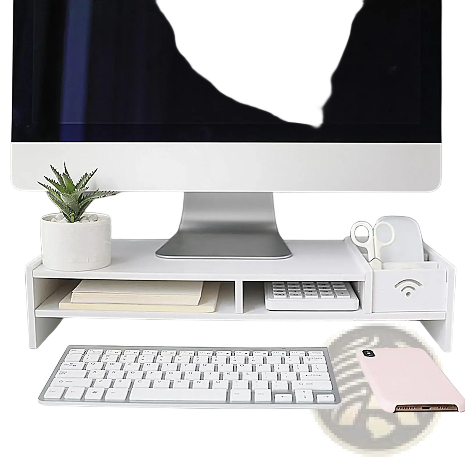 White plastic 3-tier monitor riser and desk organizer shelf with built-in keyboard tray and wireless signal cutout