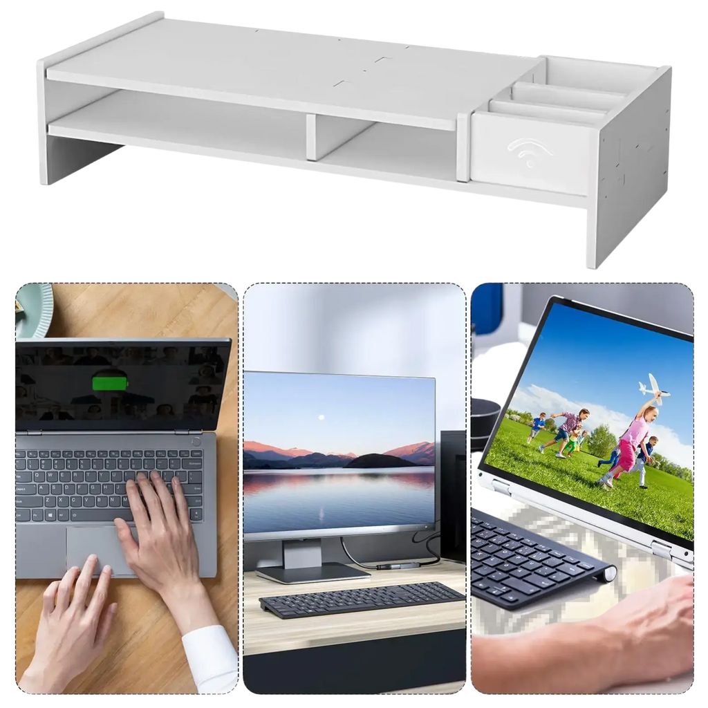 White plastic 3-tier monitor riser with drawer and two shelves for desk organization and monitor elevation