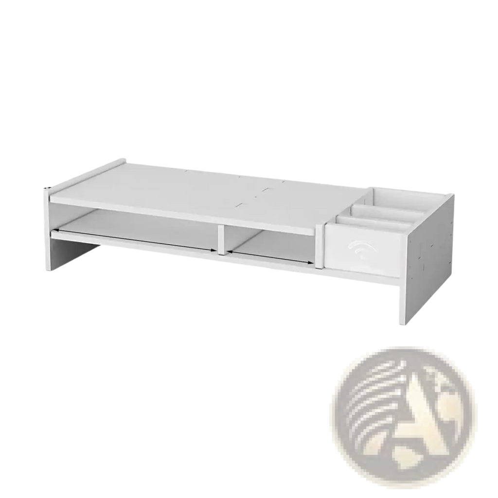 White plastic 3-tier monitor riser and desk organizer shelf with single drawer and two open shelves for workspace organization