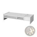 White plastic 3-tier monitor riser and desk organizer shelf with single drawer and two open shelves for workspace organization