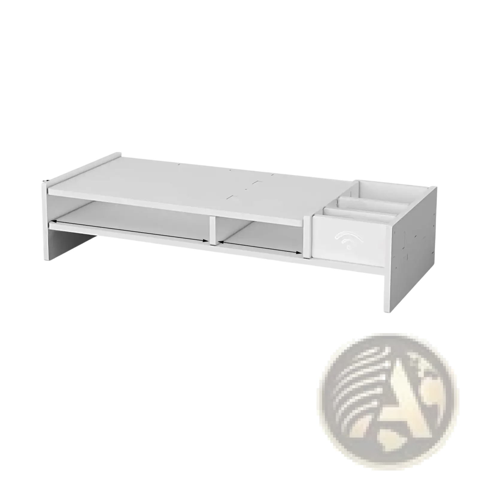 White rectangular 3-tier monitor riser and desk organizer shelf with single drawer and open shelf made of smooth painted wood