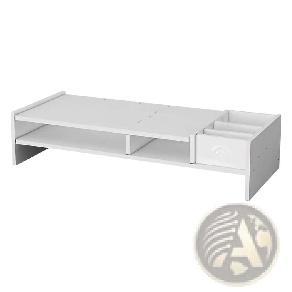 White wooden 3-tier monitor riser and desk organizer shelf with drawer and open shelf for workspace organization