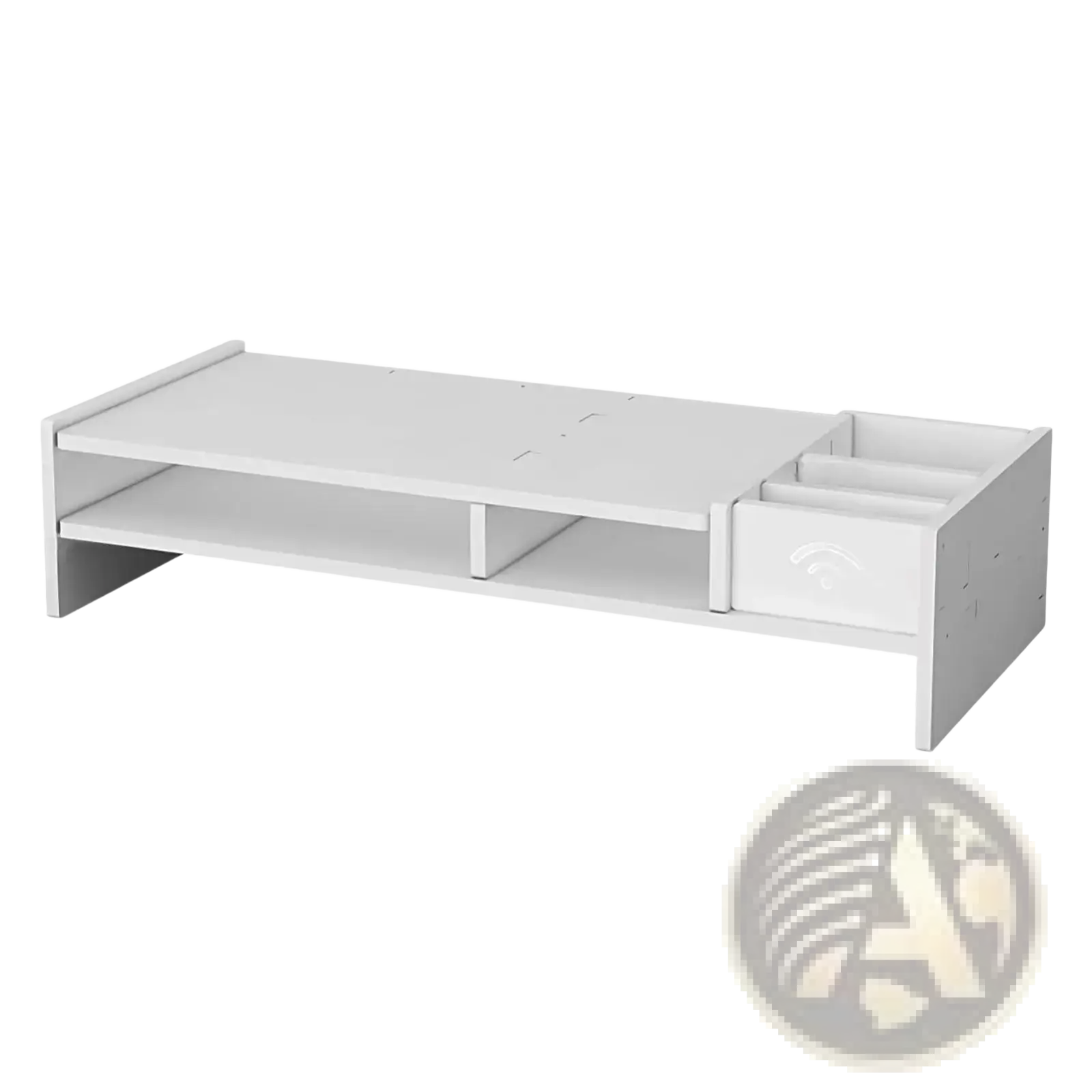 White wooden 3-tier monitor riser and desk organizer shelf with drawer and open shelf for workspace organization
