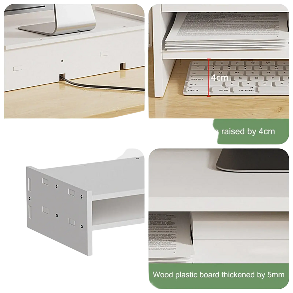 White 3-tier monitor riser and desk organizer shelf made of 5mm wood plastic board with perforated baffle and raised bottom viewed from back
