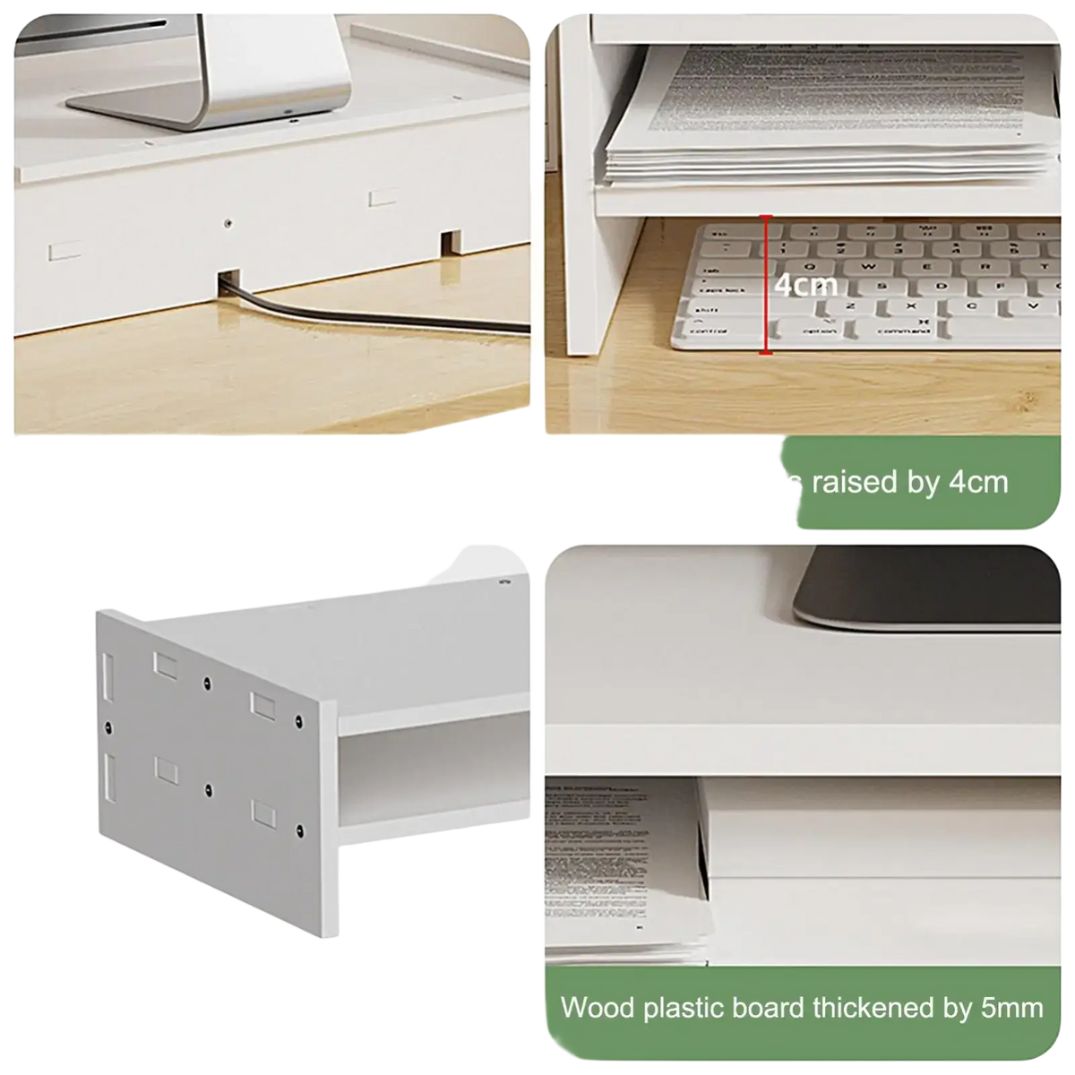 White 3-tier monitor riser and desk organizer shelf made of 5mm wood plastic board with perforated baffle and raised bottom viewed from back