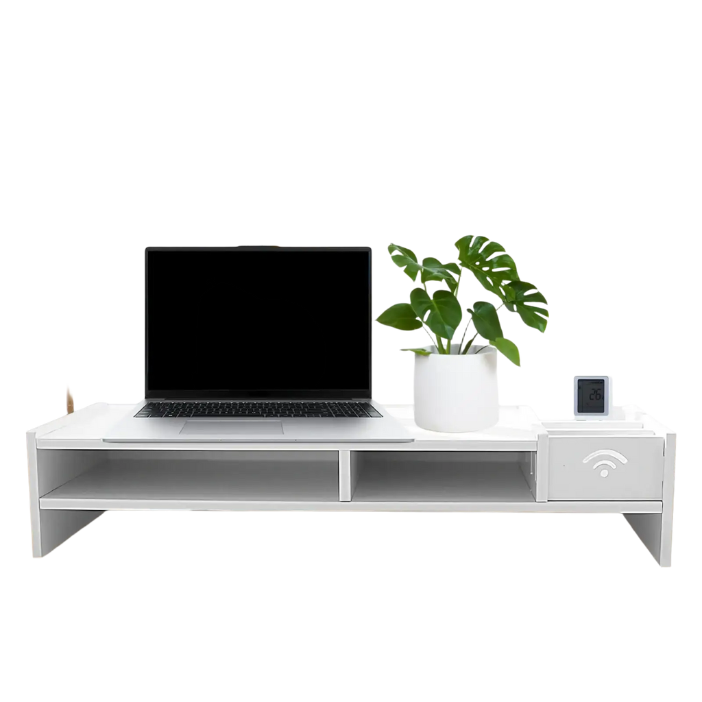 White 3-tier monitor riser and desk organizer shelf with drawer, wi-fi symbol, and open shelves for workspace organization