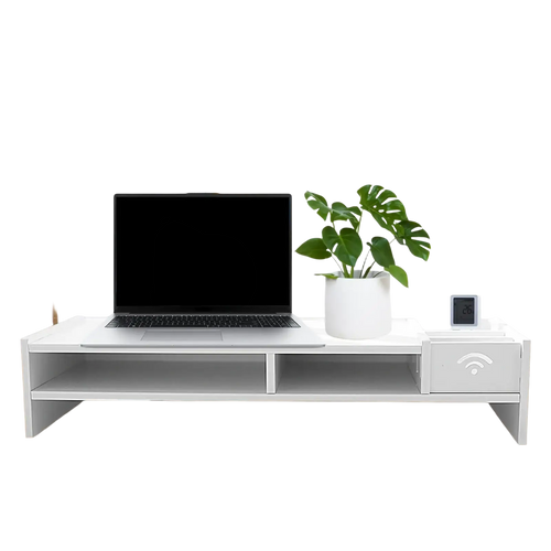 White 3-tier monitor riser and desk organizer shelf with drawer, wi-fi symbol, and open shelves for workspace organization