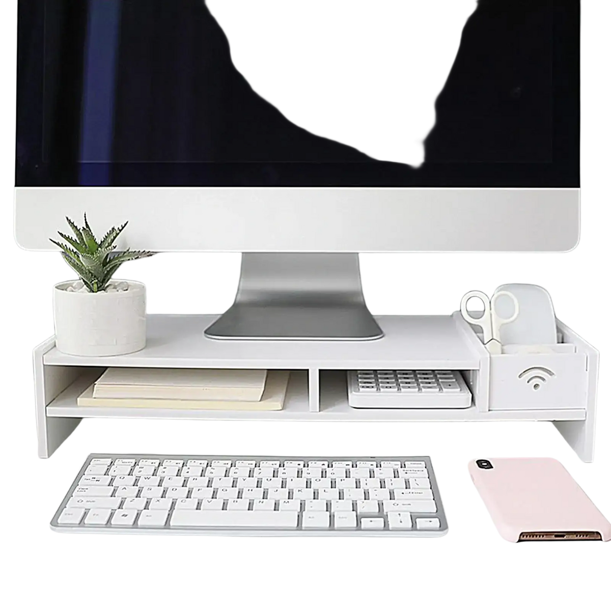 White plastic 3-tier monitor riser and desk organizer shelf with built-in keyboard tray and wireless signal cutout