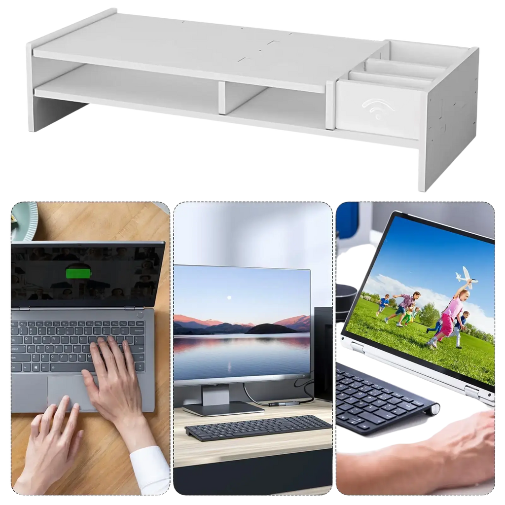 White plastic 3-tier monitor riser with drawer and two shelves for desk organization and monitor elevation