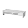 White plastic 3-tier monitor riser and desk organizer shelf with single drawer and two open shelves for workspace organization