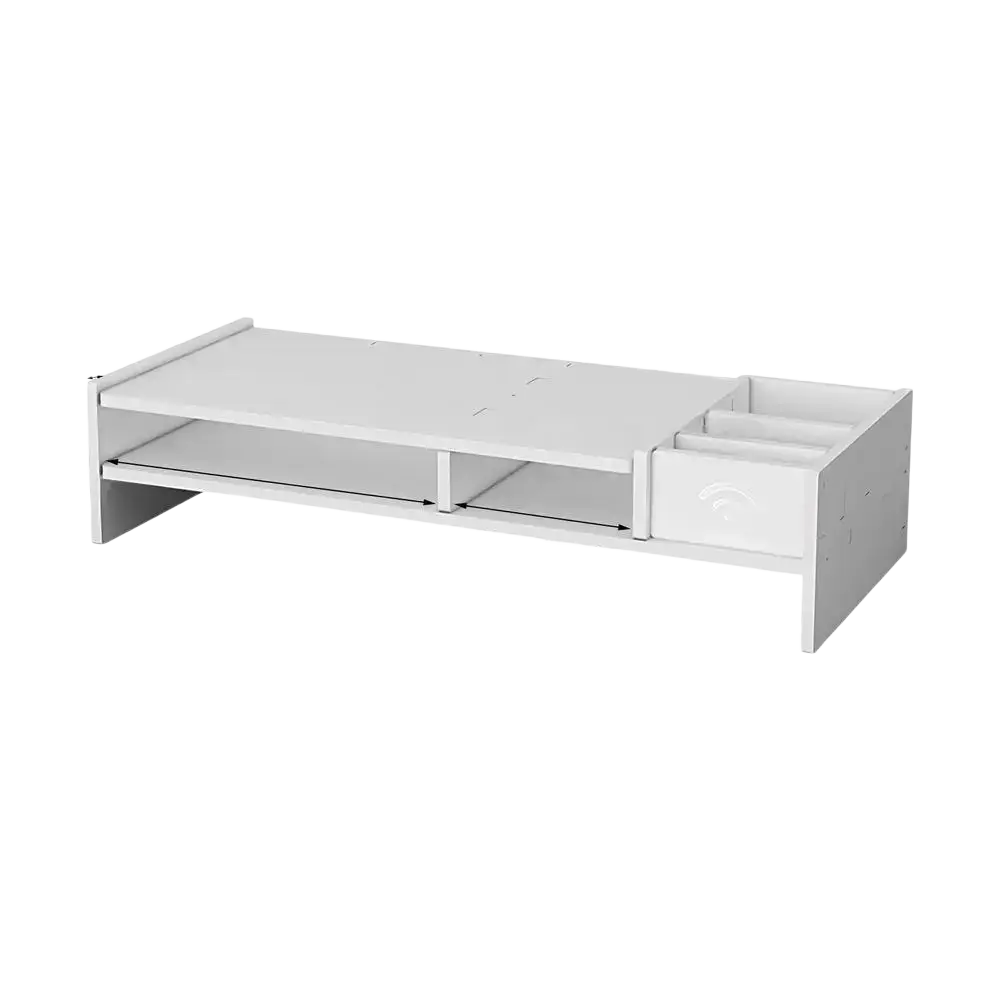 White plastic 3-tier monitor riser and desk organizer shelf with single drawer and two open shelves for workspace organization