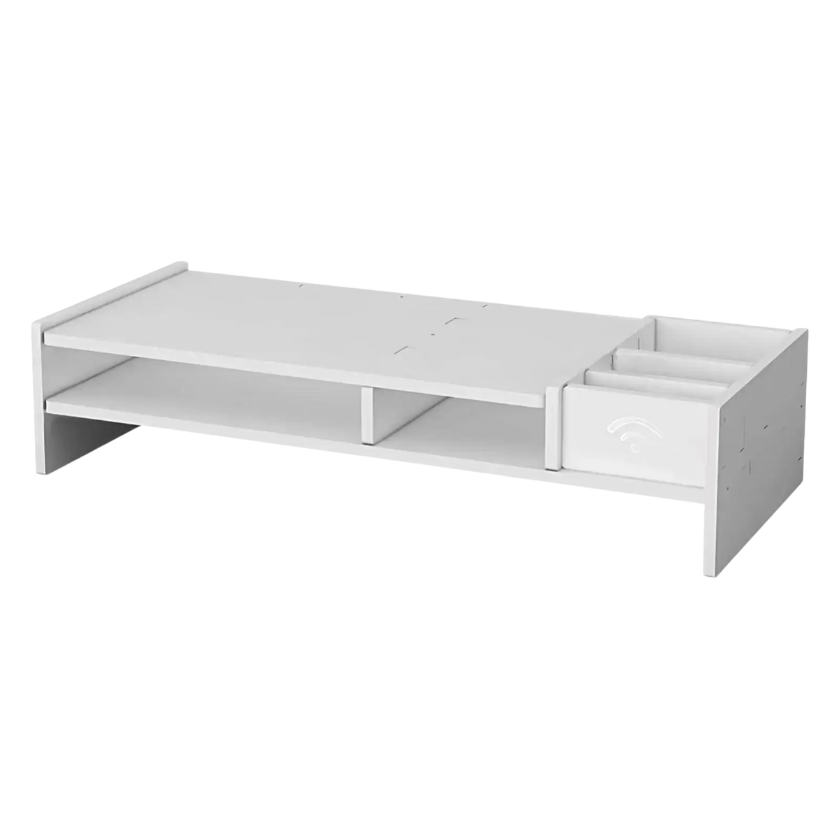 White wooden 3-tier monitor riser and desk organizer shelf with drawer and open shelf for workspace organization