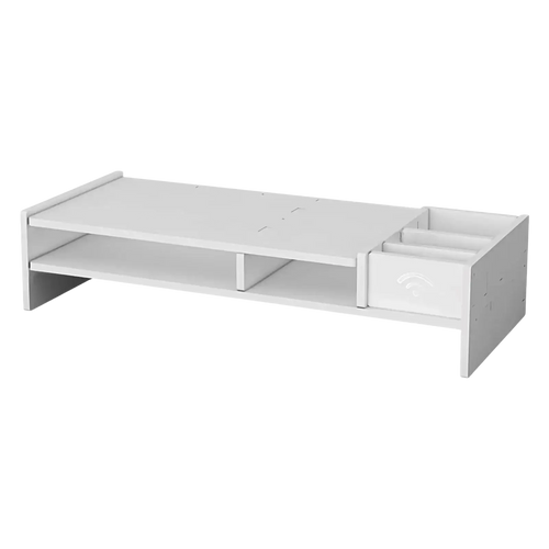 White wooden 3-tier monitor riser and desk organizer shelf with drawer and open shelf for workspace organization