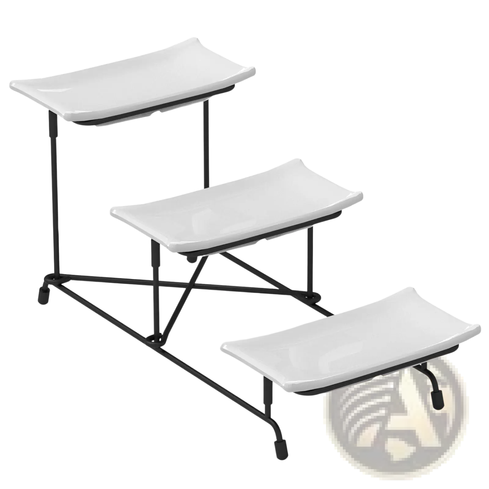 Three-tier serving stand with rectangular white ceramic trays black metal frame and caster wheels for easy mobility