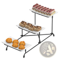 Three-tier serving stand with black metal frame and white rectangular melamine trays for dessert display