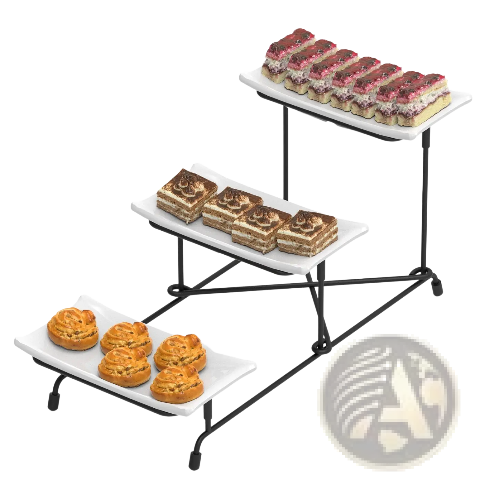 Three-tier serving stand with black metal frame and white rectangular melamine trays for dessert display