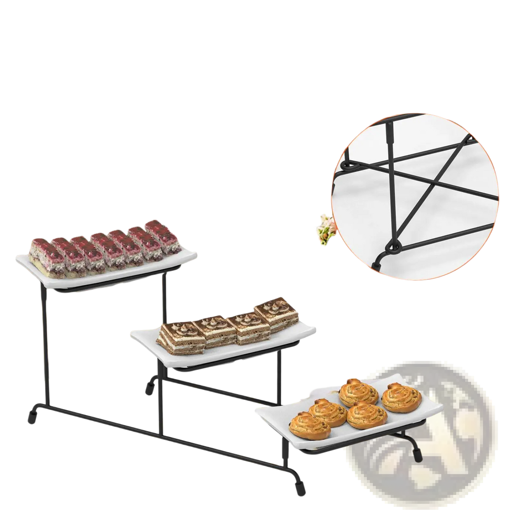 Black metal three tier serving stand with white rectangular melamine trays for elegant food presentation