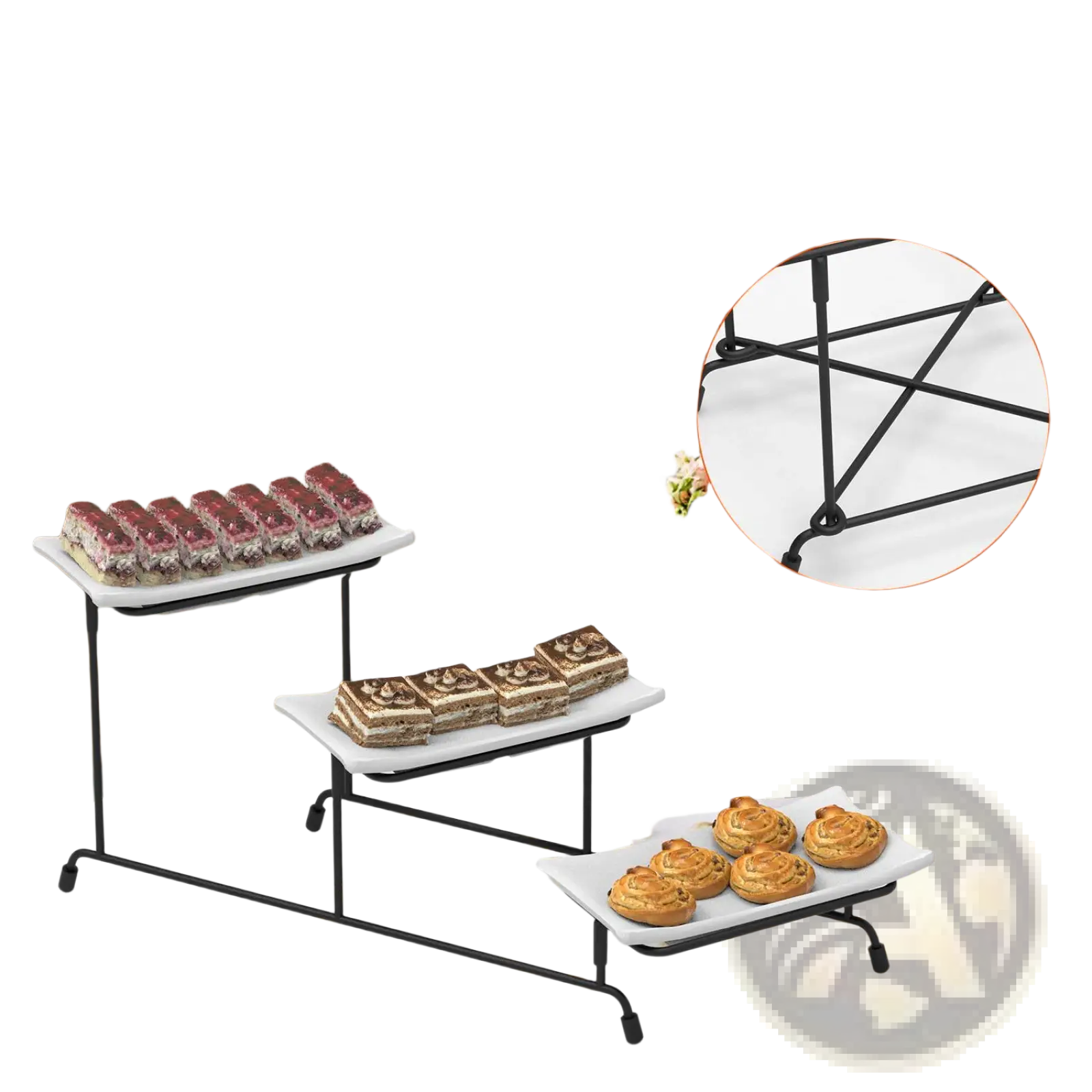 Black metal three tier serving stand with white rectangular melamine trays for elegant food presentation