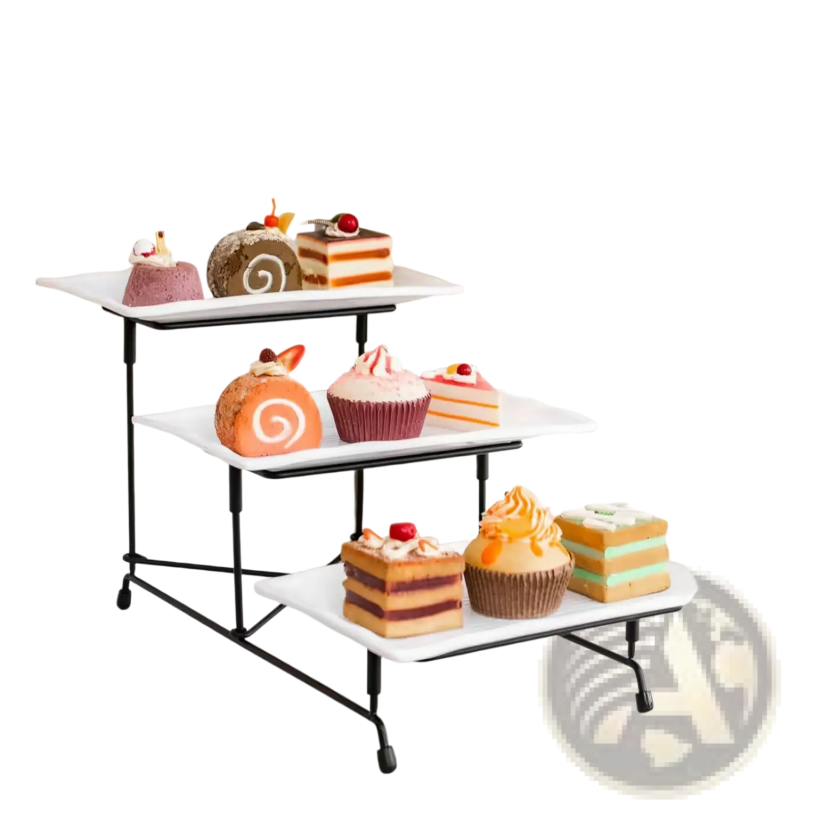 White ceramic 3 tier serving stand with rectangular melamine trays black metal legs and caster wheels
