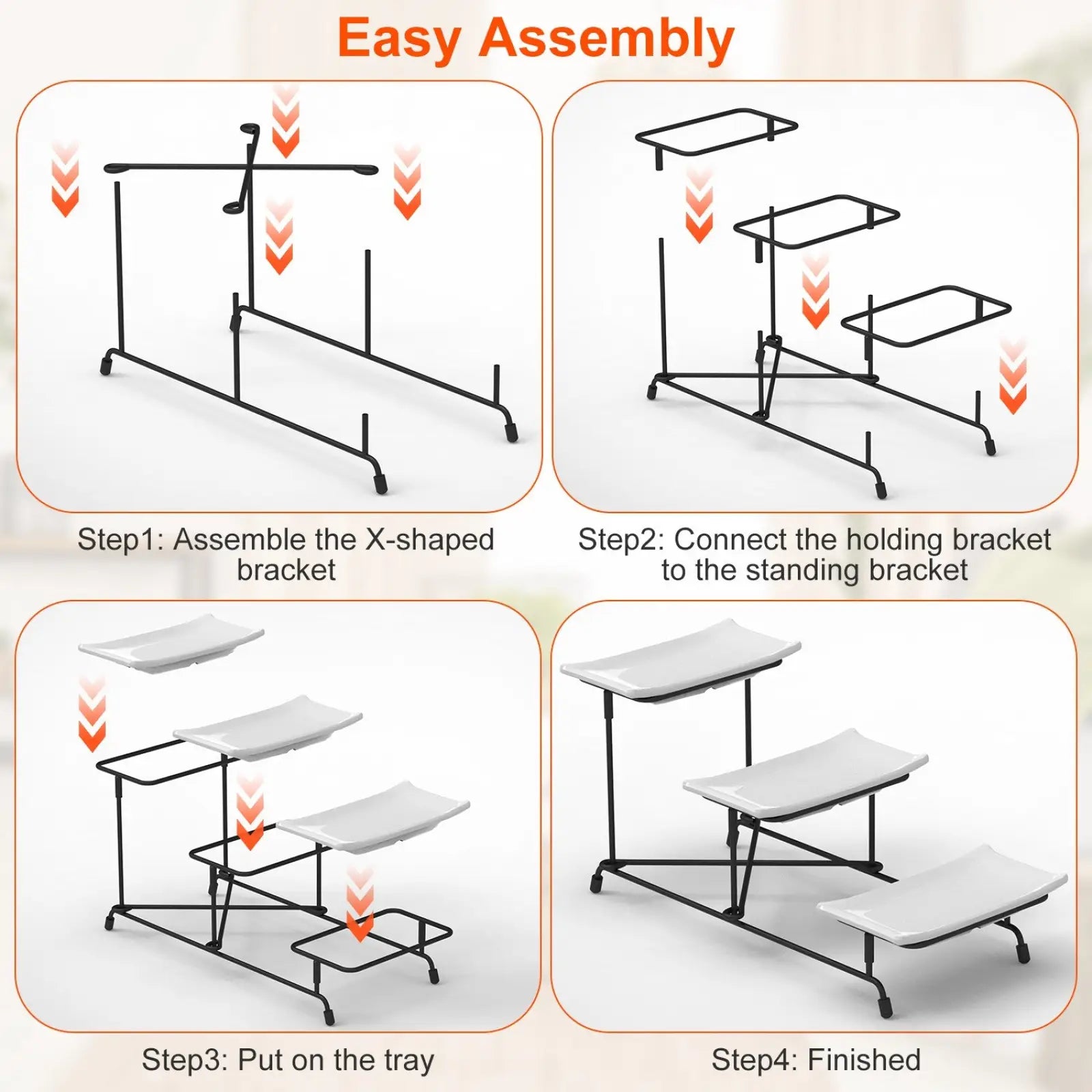 Black metal 3 tier serving stand with three white rectangular melamine trays for elegant food presentation