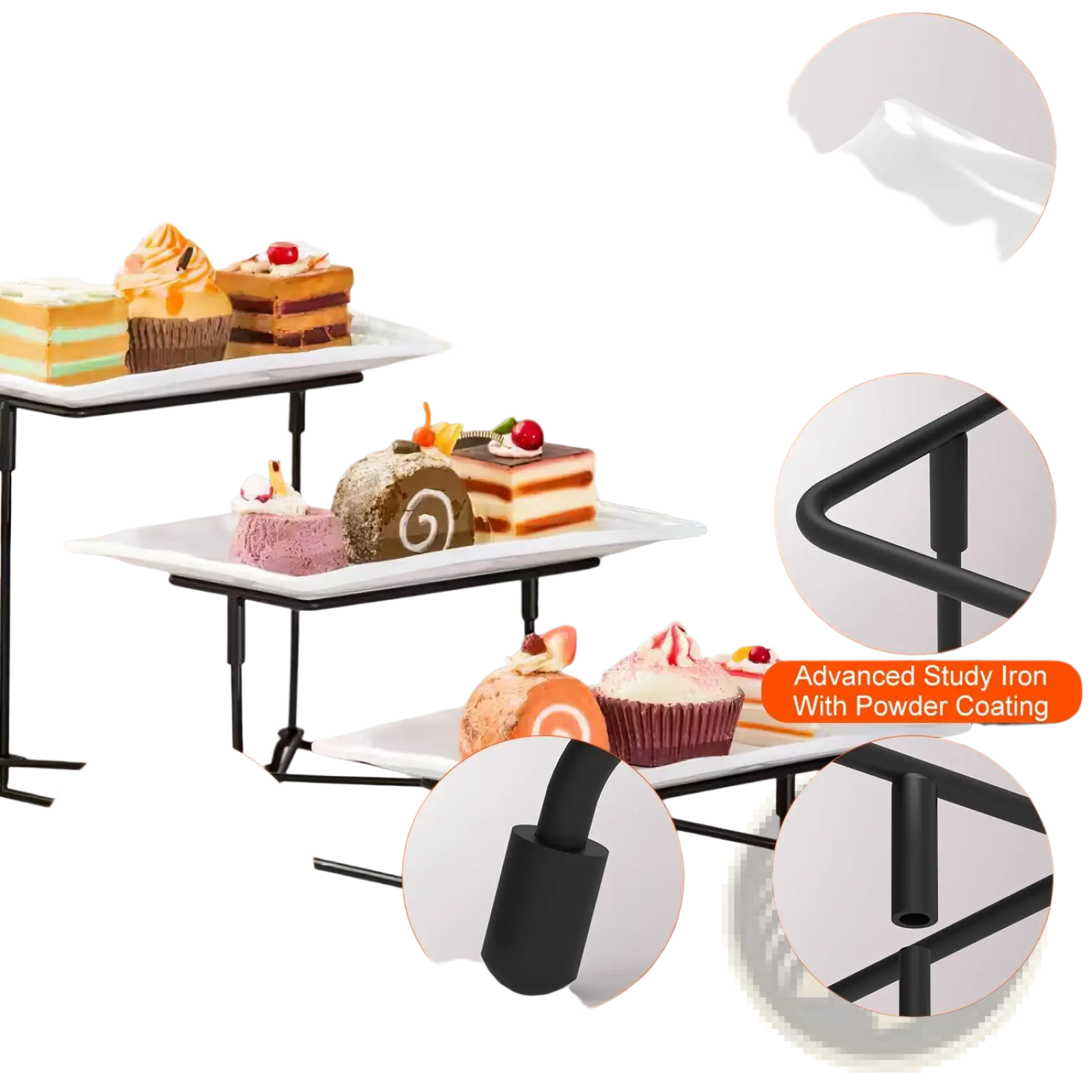 3 tier serving stand with black powder-coated steel frame and white rectangular melamine trays for desserts