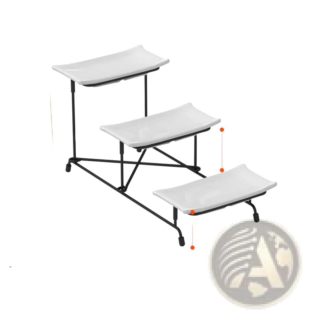 White ceramic 3 tier serving stand with rectangular melamine trays and black metal frame for display and serving