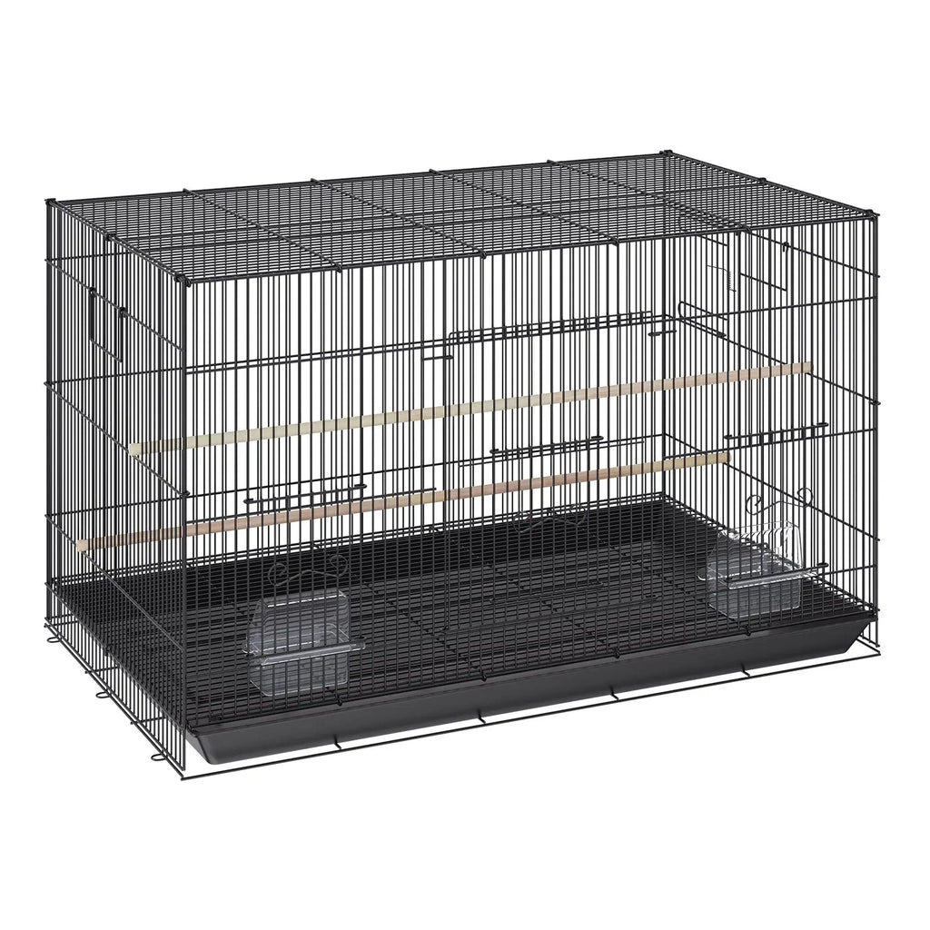 Black metal 30 inch bird flight cage with wooden perches and tray base on a rolling stand for indoor use