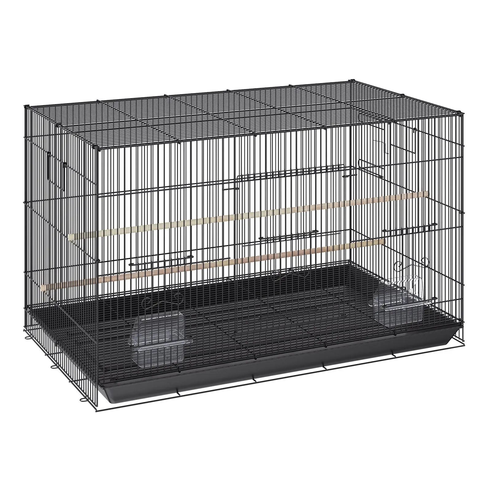 Black metal 30 inch bird flight cage with wooden perches and tray base on a rolling stand for indoor use