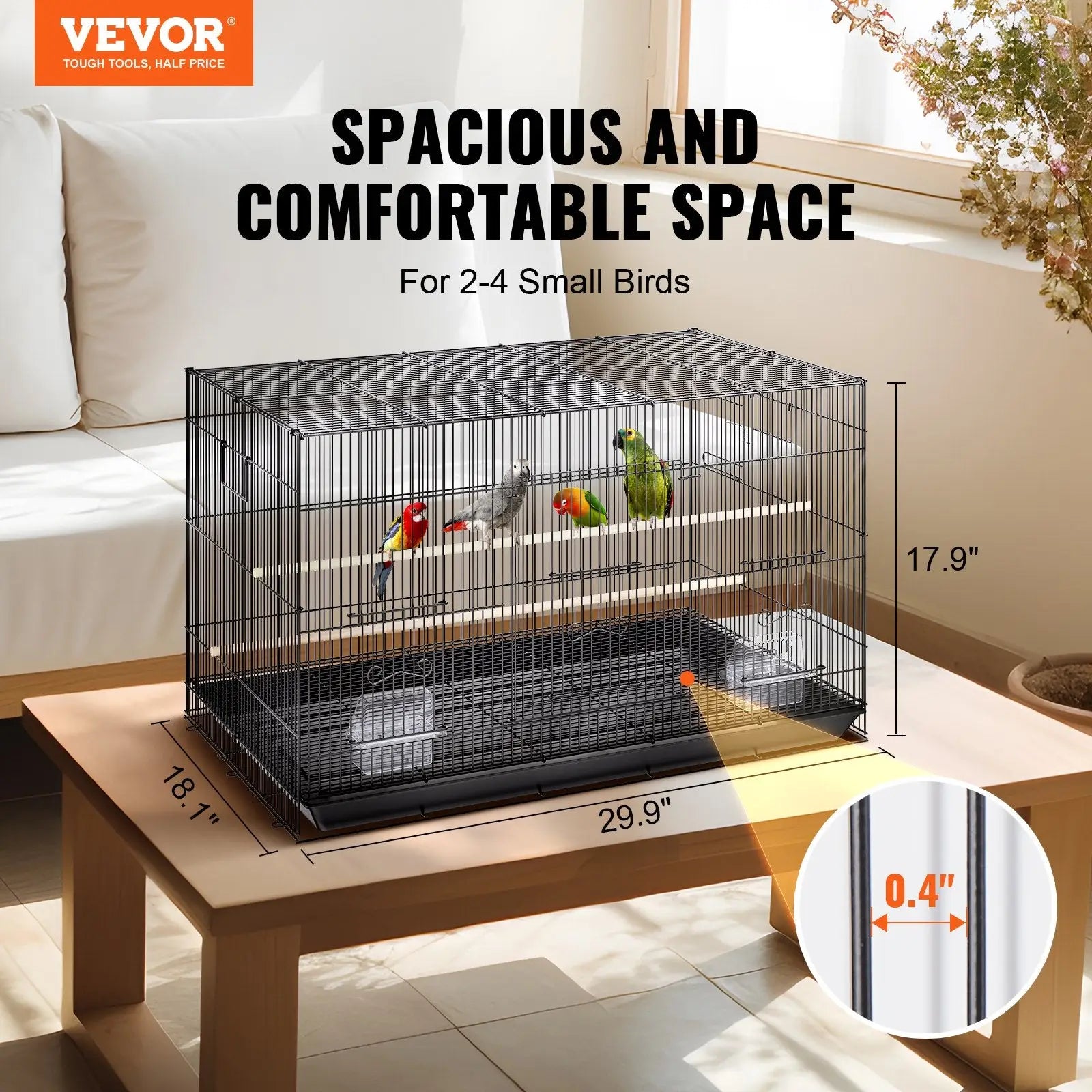 Black metal 30 inch bird flight cage with multiple perches and tray base designed for 2 to 4 small birds on rolling stand